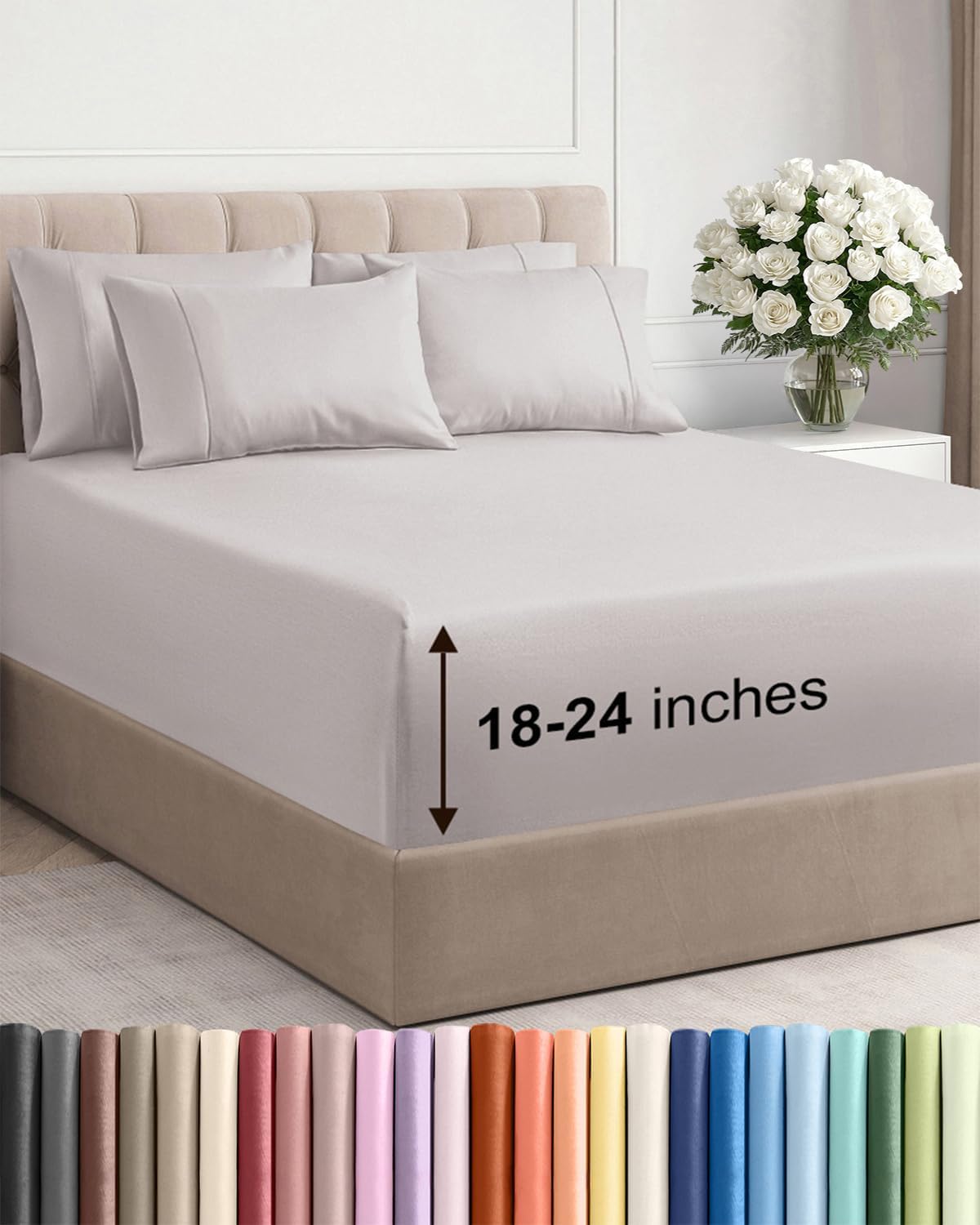 Skiennix Extra Deep Queen Sheet Set | 6-Piece Breathable Cooling Bedding - Soft, Wrinkle-Free Light Grey