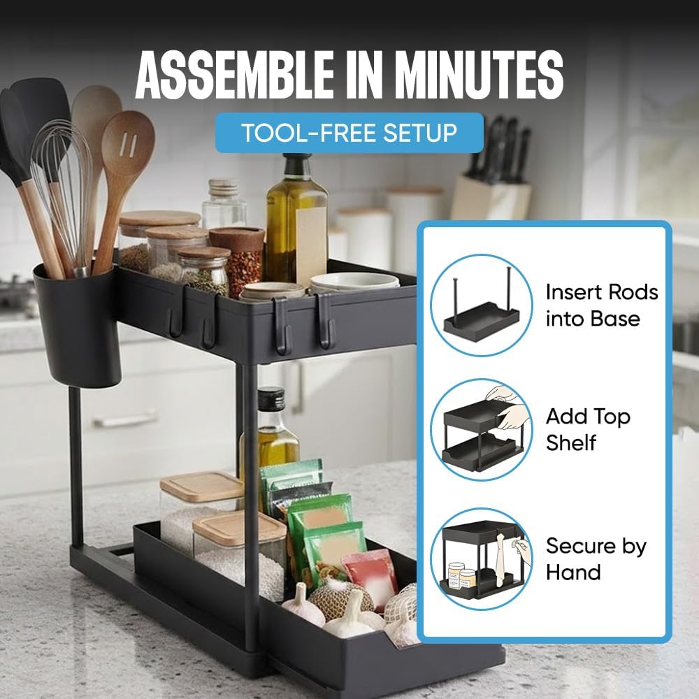 Undersink Organizer - 2-Tier Storage Rack with Sliding Drawers for Kitchen & Bathroom - Black