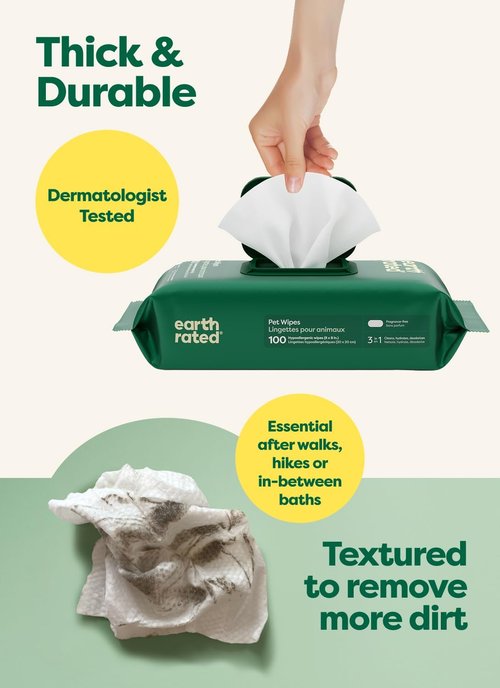 Earth Rated Pet Wipes - Hypoallergenic 3-in-1 Cleaning & Deodorizing for Dogs & Cats | 100 Count