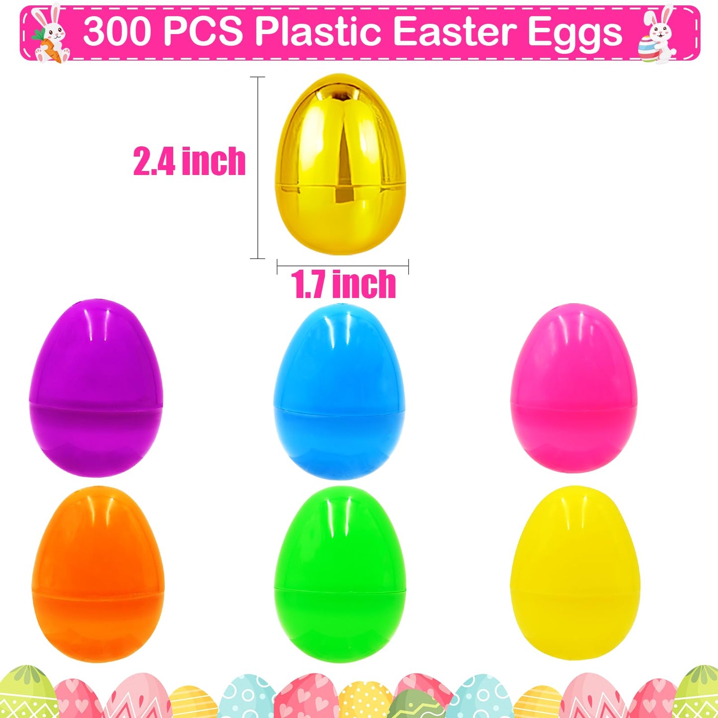 PIONJOY [6 Golden Eggs] 300 PCS 2.4" Fillable Plastic Easter Eggs Empty Easter Eggs Colorful Plastic Eggs Bulks for Kids Teens Boys Girls Easter Basket Stuffers Hunt Easter Party Favor