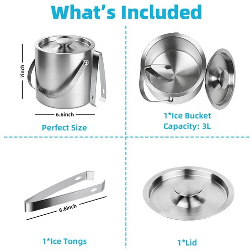 ChefBee Stainless Steel Ice Bucket - 3L Double-Wall Insulated Ice Buckets for Parties with Lid & Tongs, Large Champagne Wine Drink Container Holder, Ideal for Freezer Cocktail Home Bar Accessories