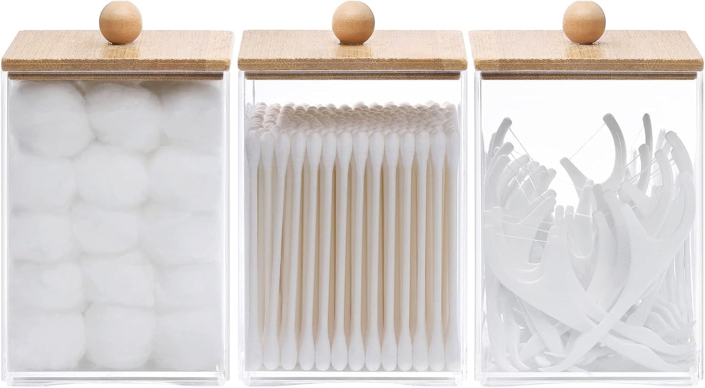 Tbestmax Square Qtip Holder Set - 12 oz Bathroom Organizers with Bamboo Lids for Cotton Swabs & Balls