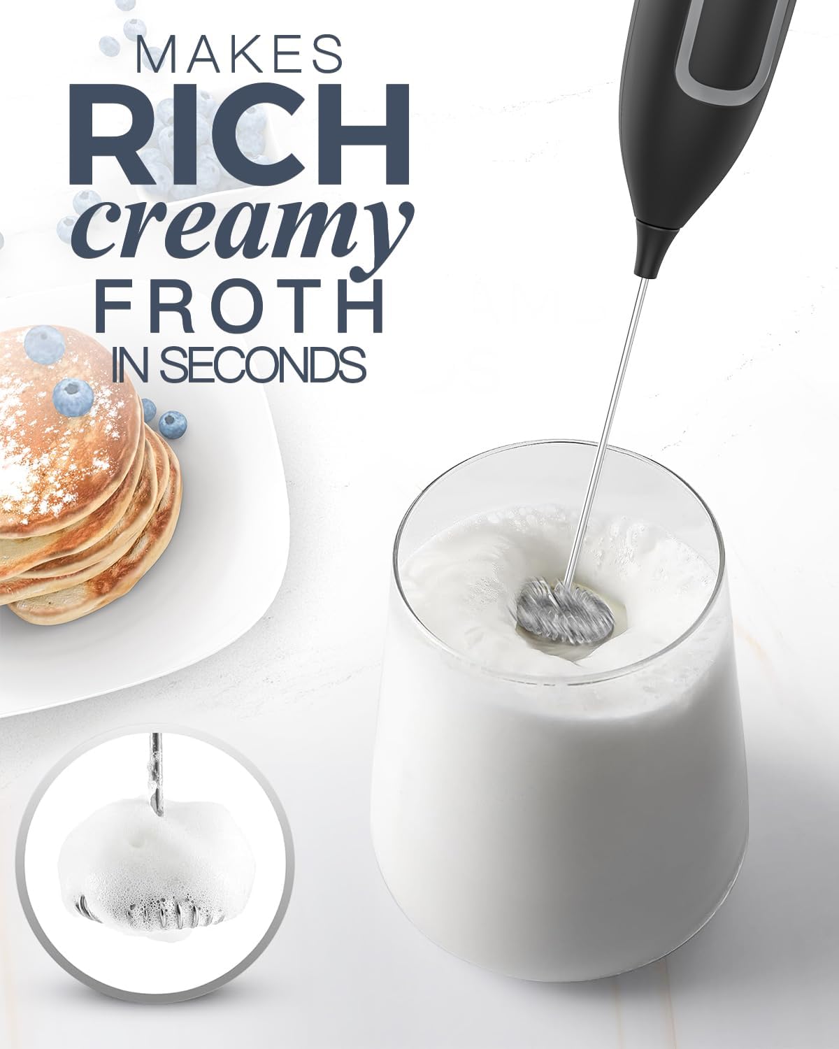 Skiennix Milk Frother - Handheld Electric Foam Maker with Stainless Steel Whisk for Coffee & Lattes - Black
