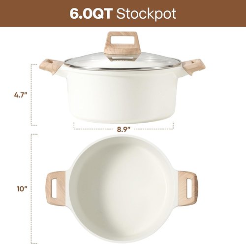 CAROTE 6 Qt Nonstick Stock Pot - Easy Clean PFOA Free Casserole with Lid | White Granite Finish
