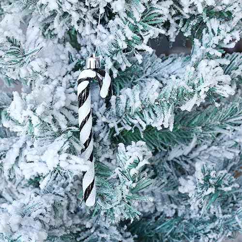 12Pcs Glitter Candy Cane Christmas Tree Decorations Christmas Plastic Candy Cane Christmas Tree Hanging Ornament for Holiday Party Decoration Favor (Black and White)