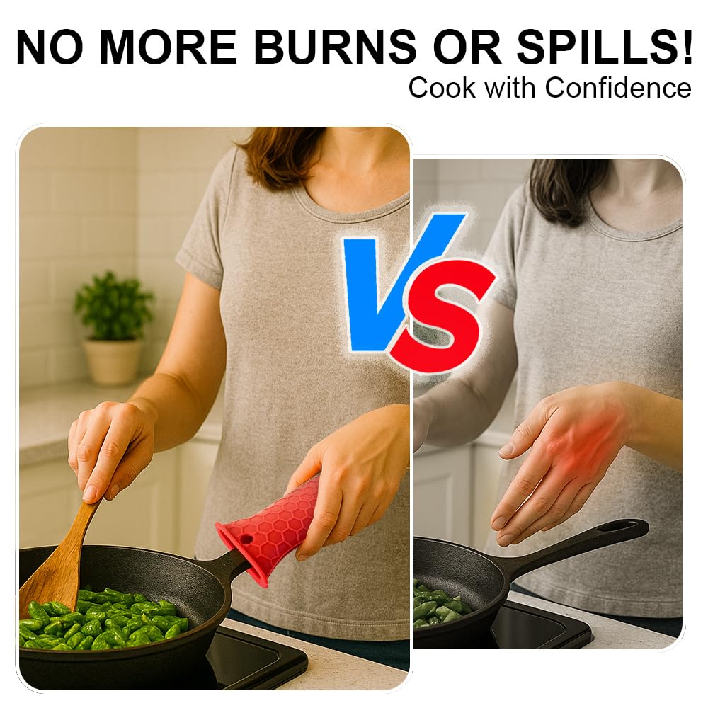 Silicone Handle Cover with Hot Pads for Kitchen - 2 Pack Heat Resistant Handle Covers for Cast Iron Skillets + 2 Multi-Purpose Hot Pads - Non-Slip, Heat-Resistant, with Hanging Holes (Red)
