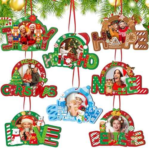 16 Pcs Christmas Photo Frame Ornaments Wooden Santa Claus Snowman Snowflake Picture Frame Tree Decoration DIY Photo Keepsakes for Xmas Party Decorations Winter Holiday Gifts(Wishes)