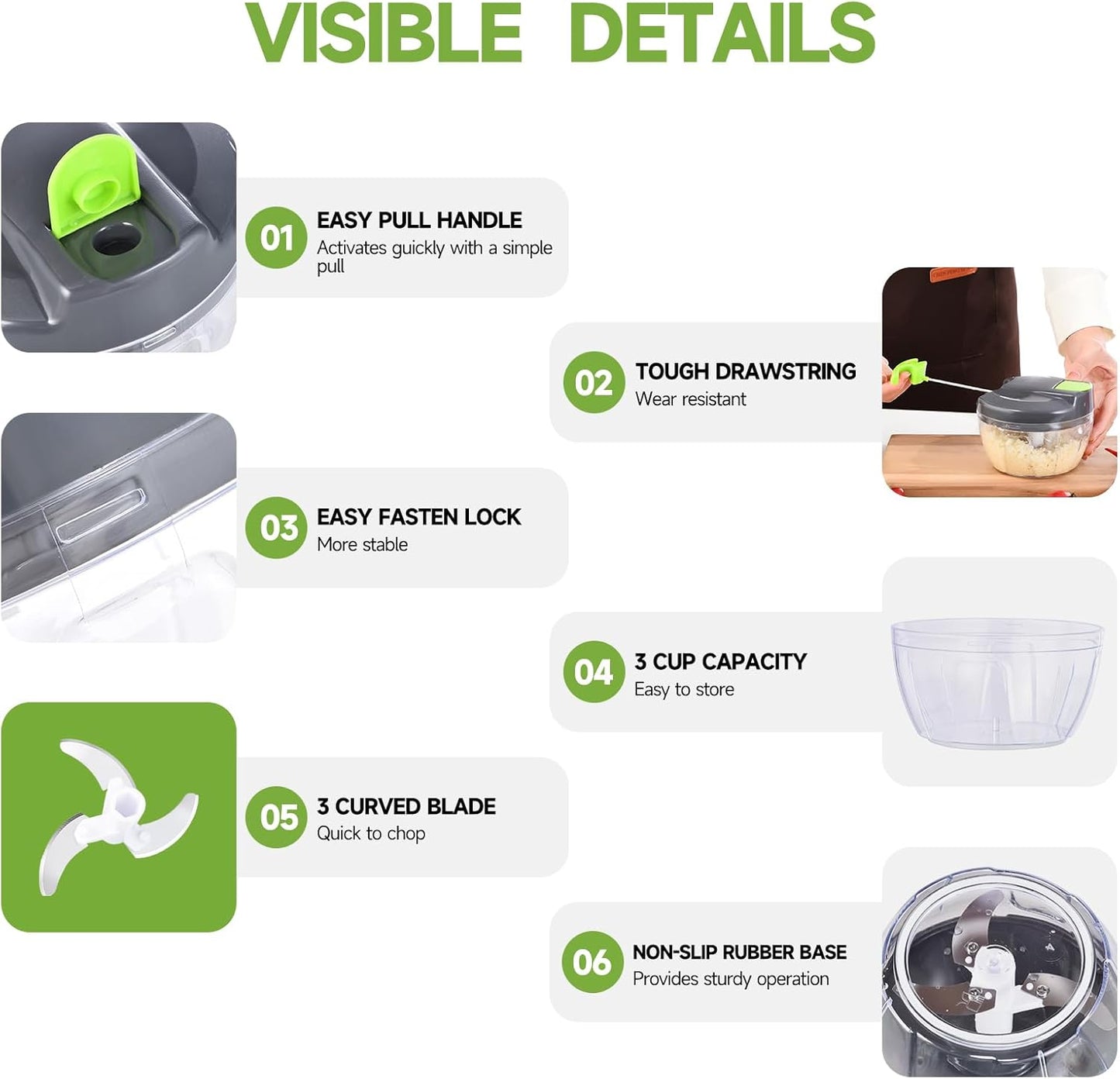 Skiennix Manual Food Processor - Portable Hand-Pull Vegetable Chopper | 500ml Gray-Green Mincer for Garlic, Onions, and More