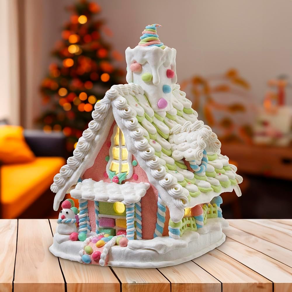 Kurt S. Adler 12.5-Inch Light-Up Pastel Gingerbread House - Battery-Operated Holiday Decor