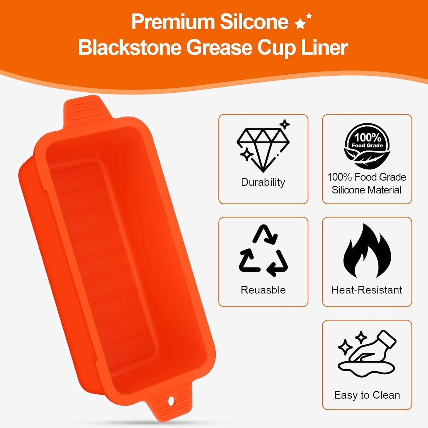 Skiennix Silicone Grease Cup Liners - Reusable Grease Catcher for Blackstone Griddles | 2-Pack, Orange