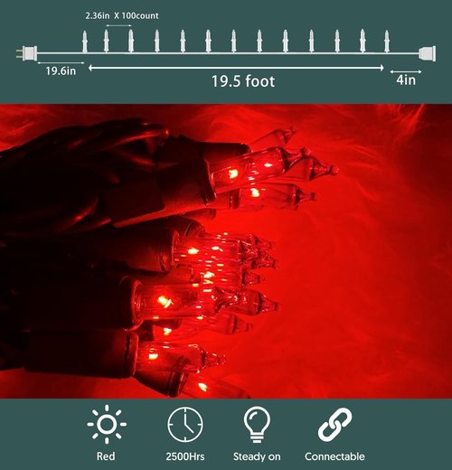 HISHINY 100 Count Red Christmas Tree String Lights - UL Certified Indoor/Outdoor Decor | 21 Feet