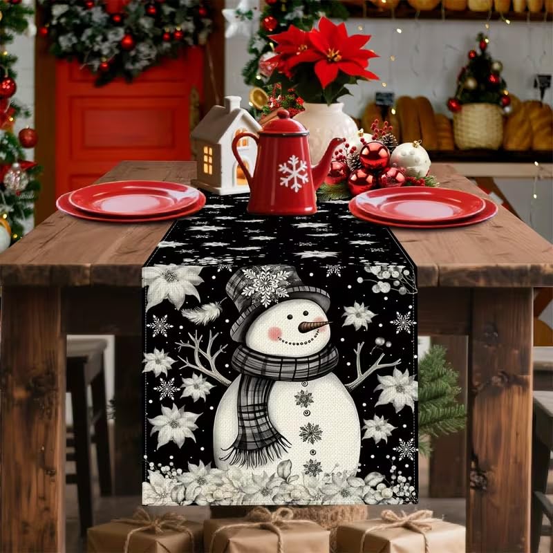 CQFusSTORE Xmas Snowman Feather White Floral Black Table Runner 13x72 Inch