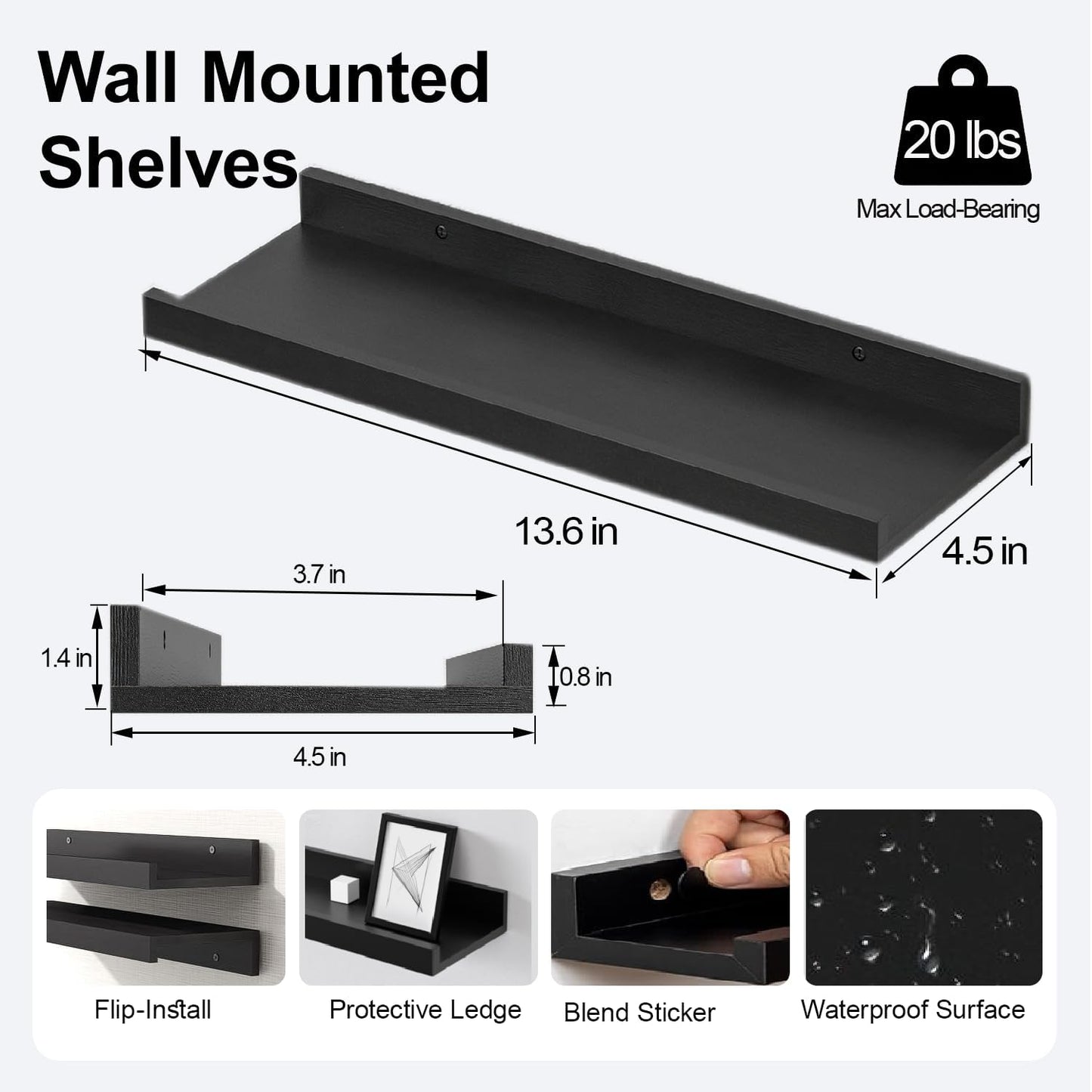 Skiennix Black Floating Shelves | Wall-Mounted Wood Storage for Bedroom, Living Room & More - Set of 2, 14 Inches