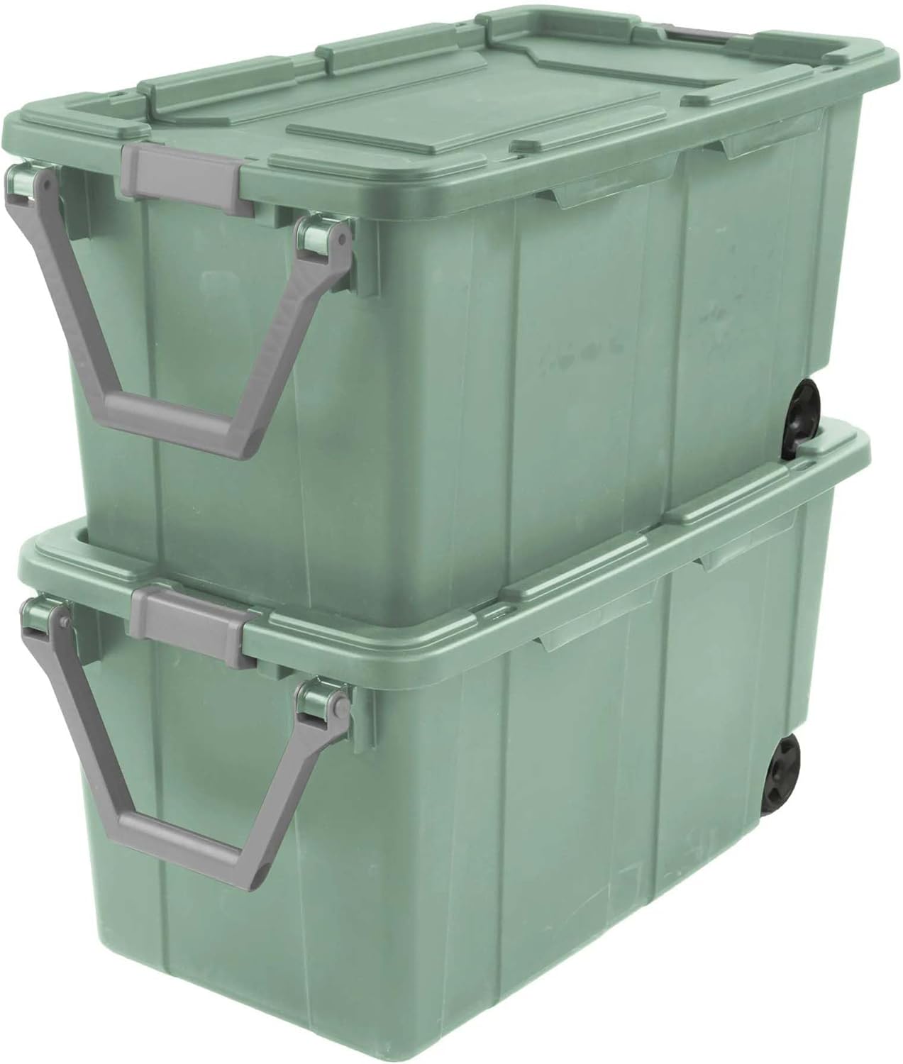 Skiennix 40 Gallon Wheeled Industrial Tote - Rugged Plastic Storage Bin with Latch Lid, Light Green, 2 Count