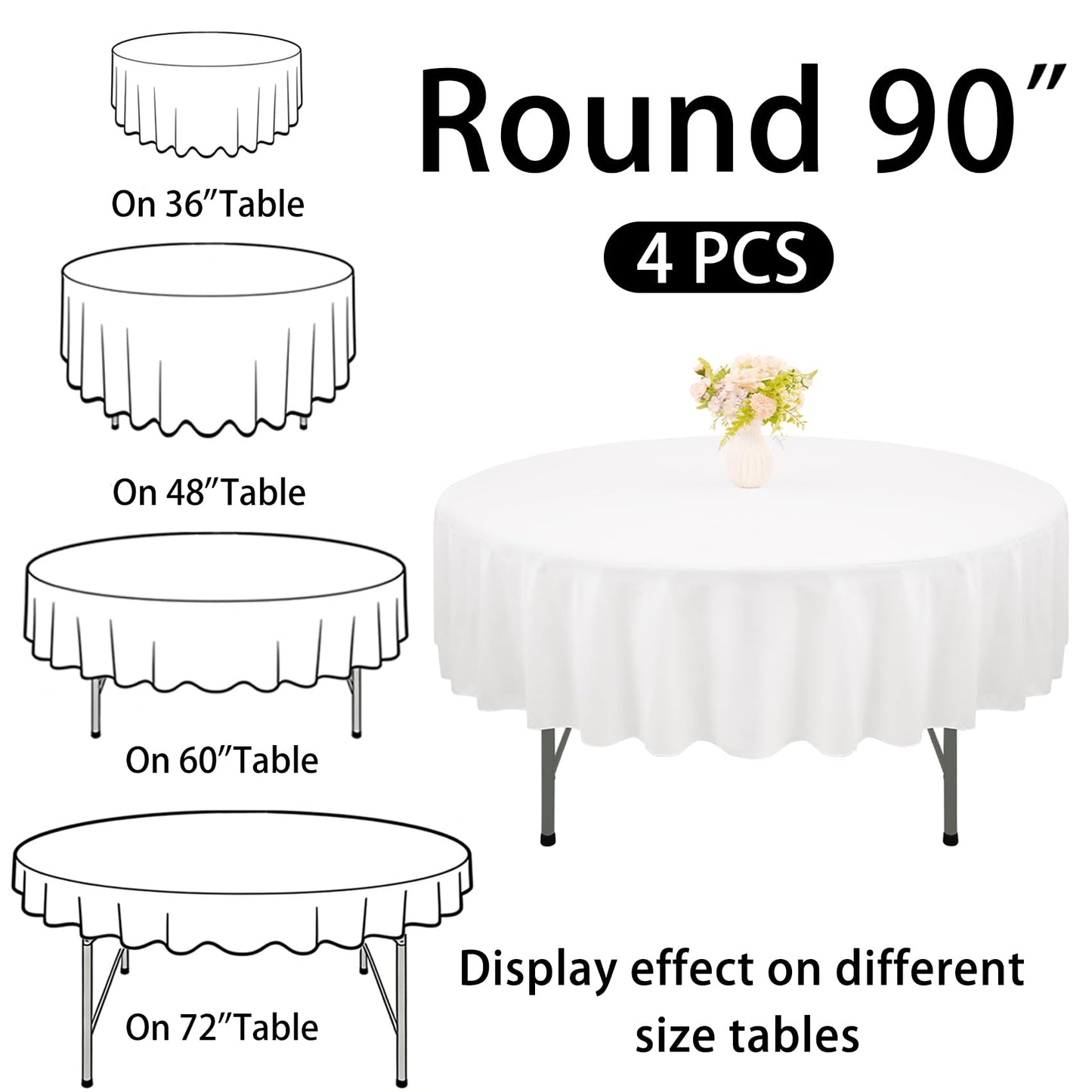 JALANCY 4 Pack Round Tablecloth 90 Inch White Polyester Washable Decorative Fabric Table Covers for Wedding Dining Table Buffet Parties Banquet Decor