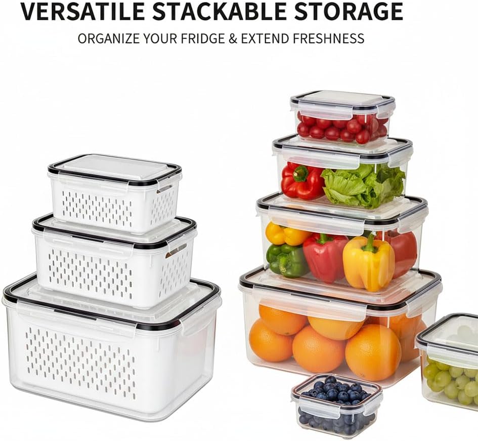 Skiennix Fruit Storage Containers - Transparent Plastic with Removable Colanders | 4-in-1 Vegetable Box (Gray, S+M)