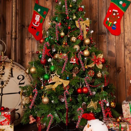 12 Pcs Red Farmhouse Plaid Candy Cane Christmas Ornaments - Holiday Decor