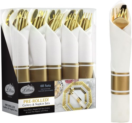 240 Pieces Pre Rolled Cutlery And Napkins Set with Heavy Duty Full Size Polished Gold Cutlery, 60 Forks, 60 Knives, 60 Spoons, In Rolled Napkins, for Weddings, Parties And Events