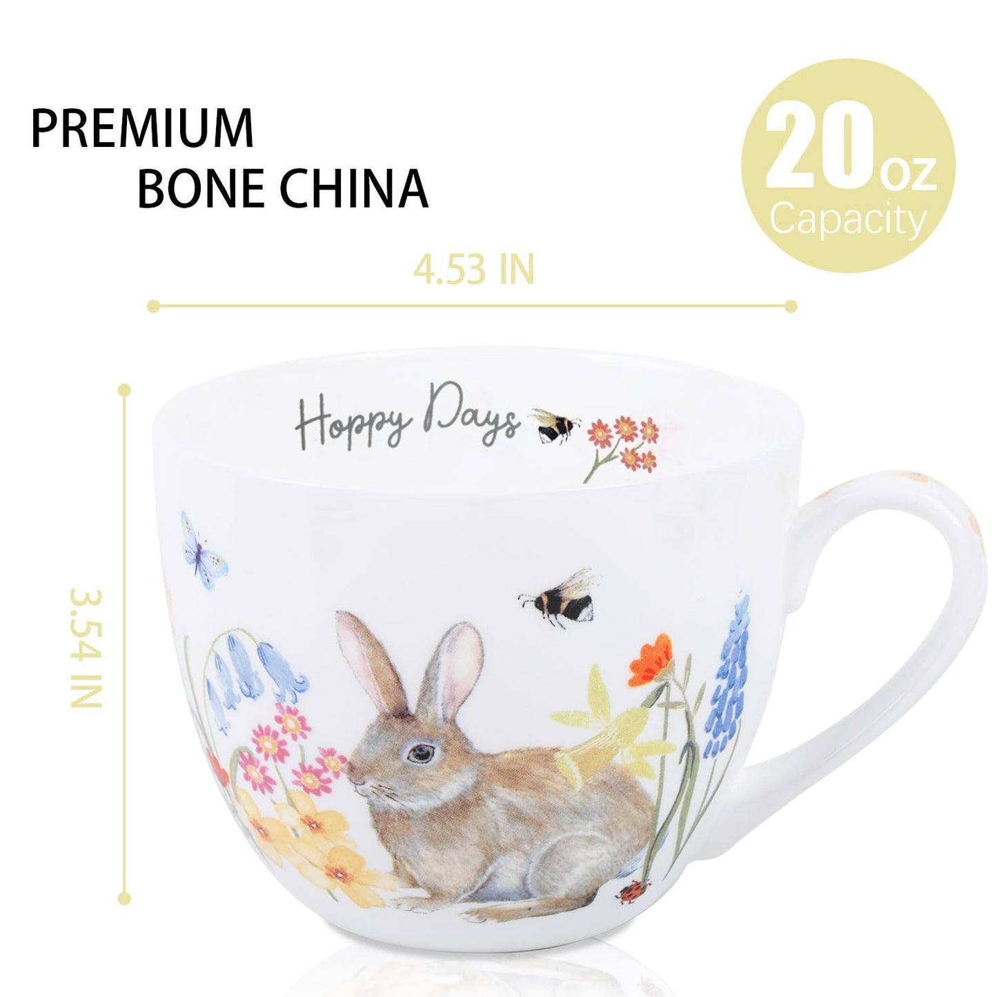 20 oz Easter Bunny Coffee Hug Mug, Spring Flowers & "Happy Days" Slogan, Premium Bone China Rabbit Tea Mug, Cute Easter Gift for Women, Family, Friends, Designed in England by Harvest Green Studio