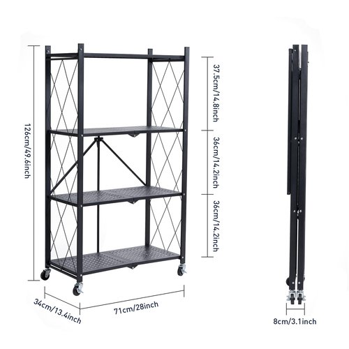 BRIAN & DANY 4-Tier Foldable Storage Shelves with Wheels, Folding Metal Rack Shelving Unit, Heavy Duty No Assembly Organizer Shelf for Garage, Kitchen, Basement, Pantry, Black