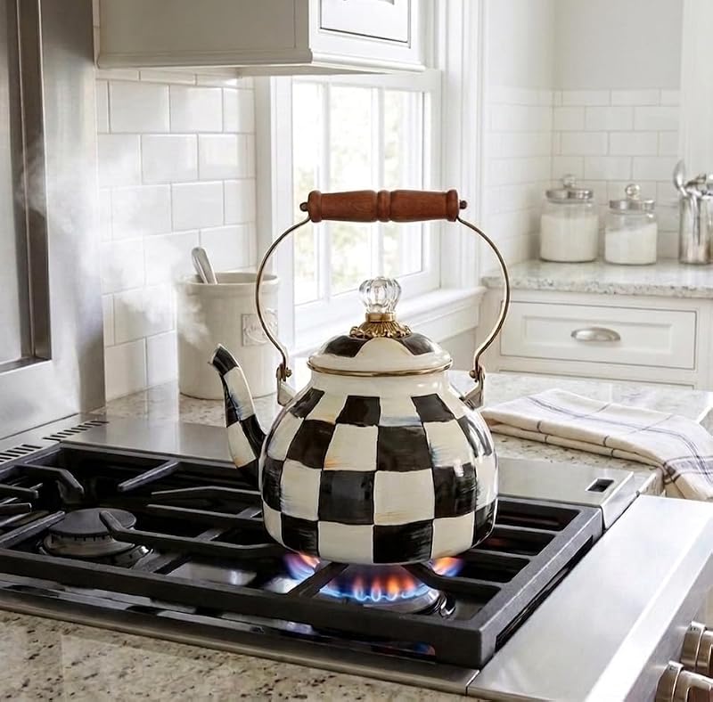Checkered Black and White Tea Kettle - 2.5 Quart Stovetop Enamel Teapot with Wooden Handle