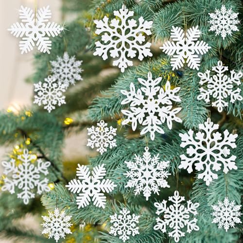 kockuu 49Pcs Christmas Ornaments Snowflake Decorations - White Glitter Christmas Ornaments Hanging Snowflakes for Winter Christmas Tree Wall Ceiling Window Ornaments