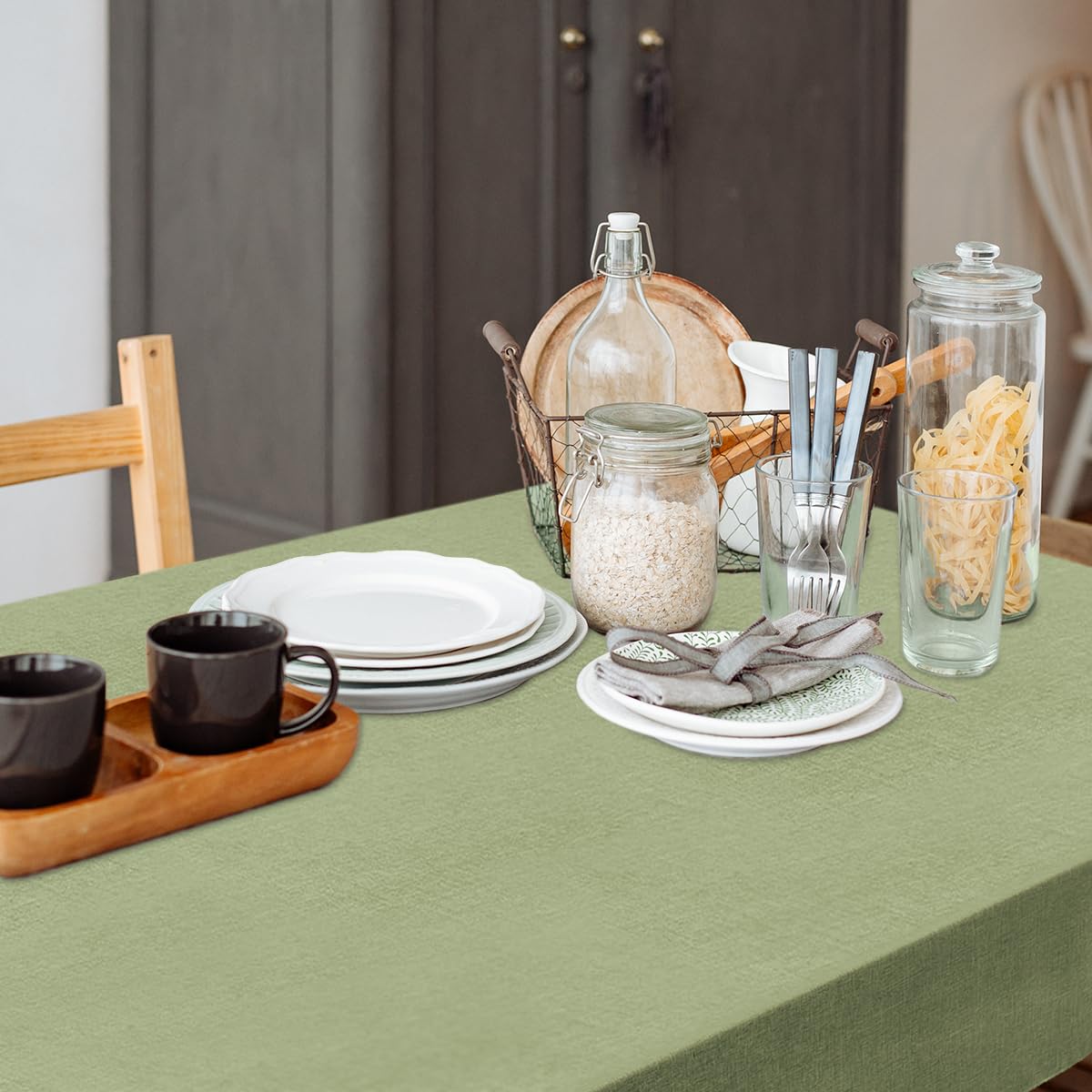 Linen Textured Rectangle Tablecloth, Waterproof & Stain Resistant Fabric Table Cloth, Wrinkle Free Linen Dining Decorative Farmhouse Table Cover for Dining/Buffet/Wedding, 52 x 70 Inch, Sage Green