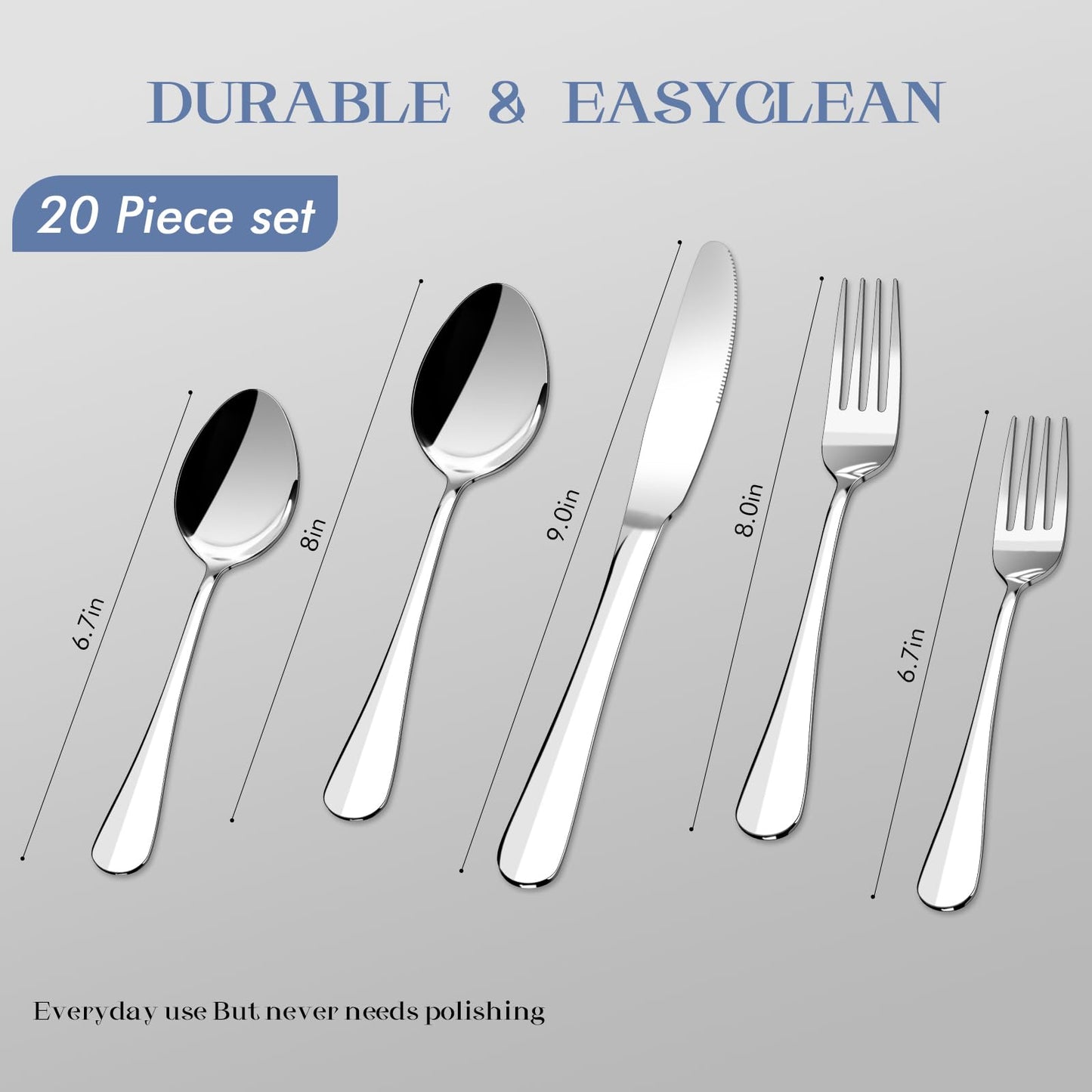 Silverware Set, 20 Piece Flatware Cutlery Set for 4, 18/8 Stainless Steel Silverware Mirror Polished Dishwasher Safe for Home, Restaurant, Wedding, Party Cutlery(Silver, 20 pieces for 4)