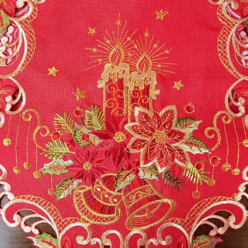 Grelucgo 14x88 Inches Embroidered Christmas Table Runner - Red Polyester with Poinsettia, Scalloped Border