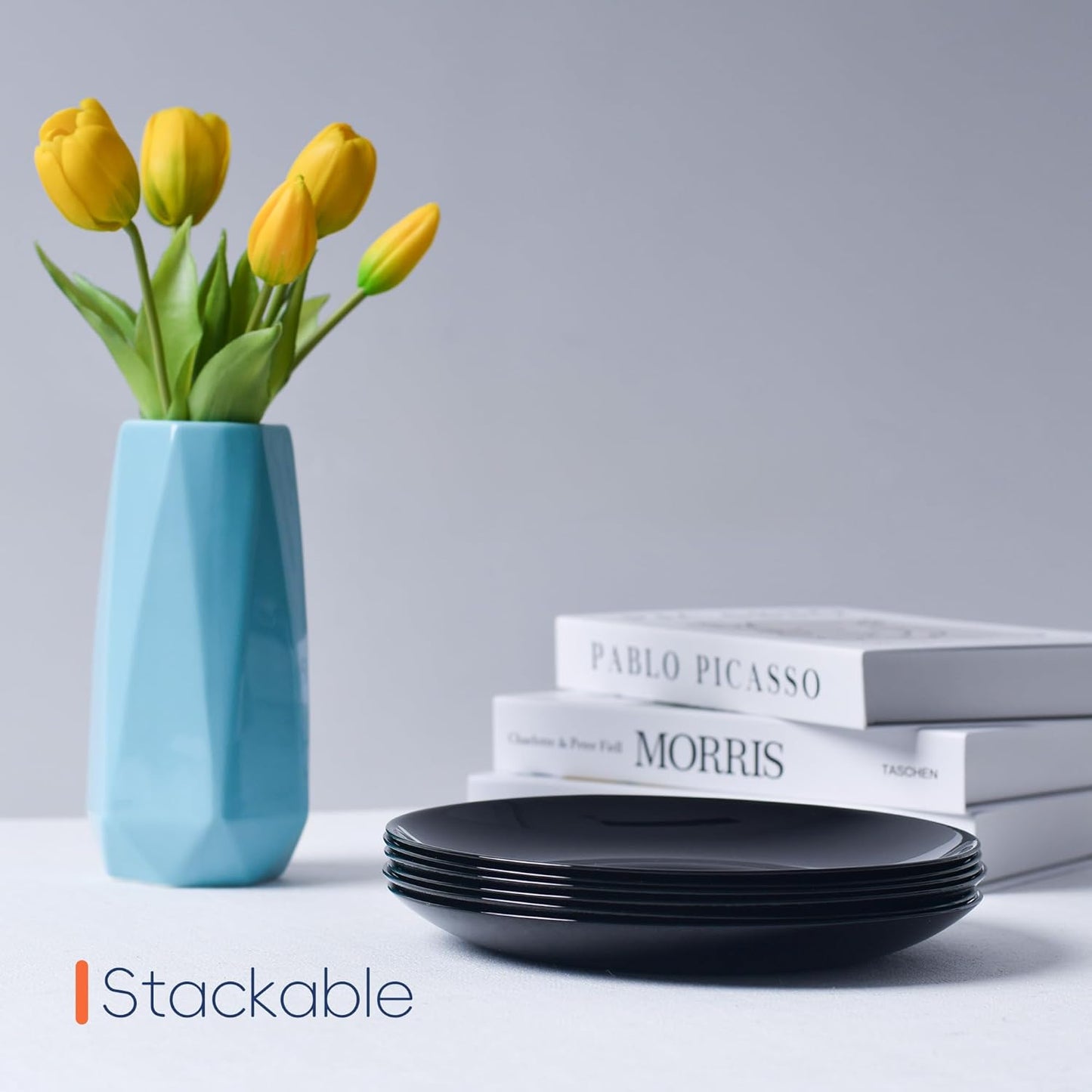 LaGlint 8.5-Inch Salad Plate Set of 6 | Lightweight Opal Glass Black Plates | Dishwasher & Microwave Safe
