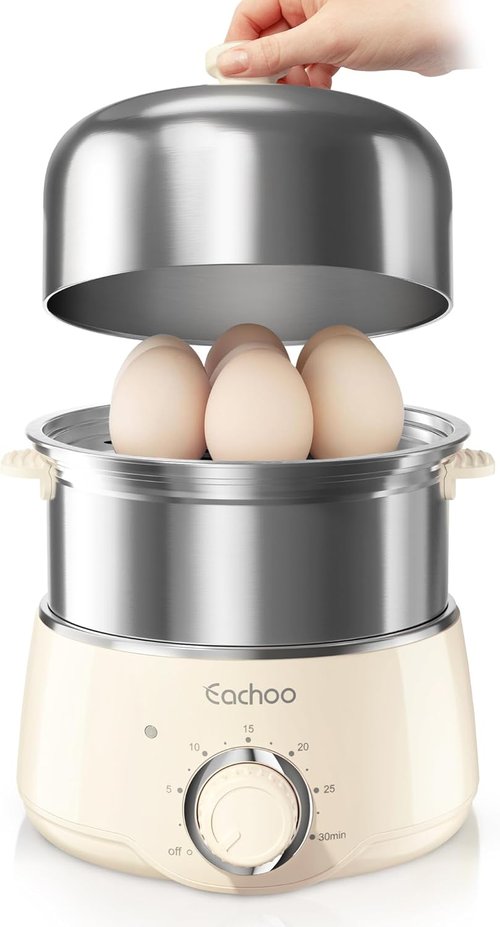 CACHOO 14-Egg Rapid Stainless Steel Egg Cooker - Compact Electric Boiler with Timer & Auto Shut Off | Beige