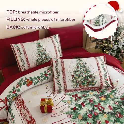 Dinjoy Christmas Comforter Set Queen 7-Piece Red Tree Holiday Bedding, 90x90
