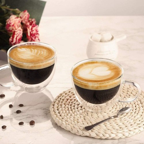 ecooe Double Walled Glass Coffee Mug 12 oz Latte Cappuccino Cups Set of 2, Clear Glass Coffee Cups with Handle, 350 ml Insulated Coffee Cup Borosilicate Heat Resistant Glass Mug Tea Cup