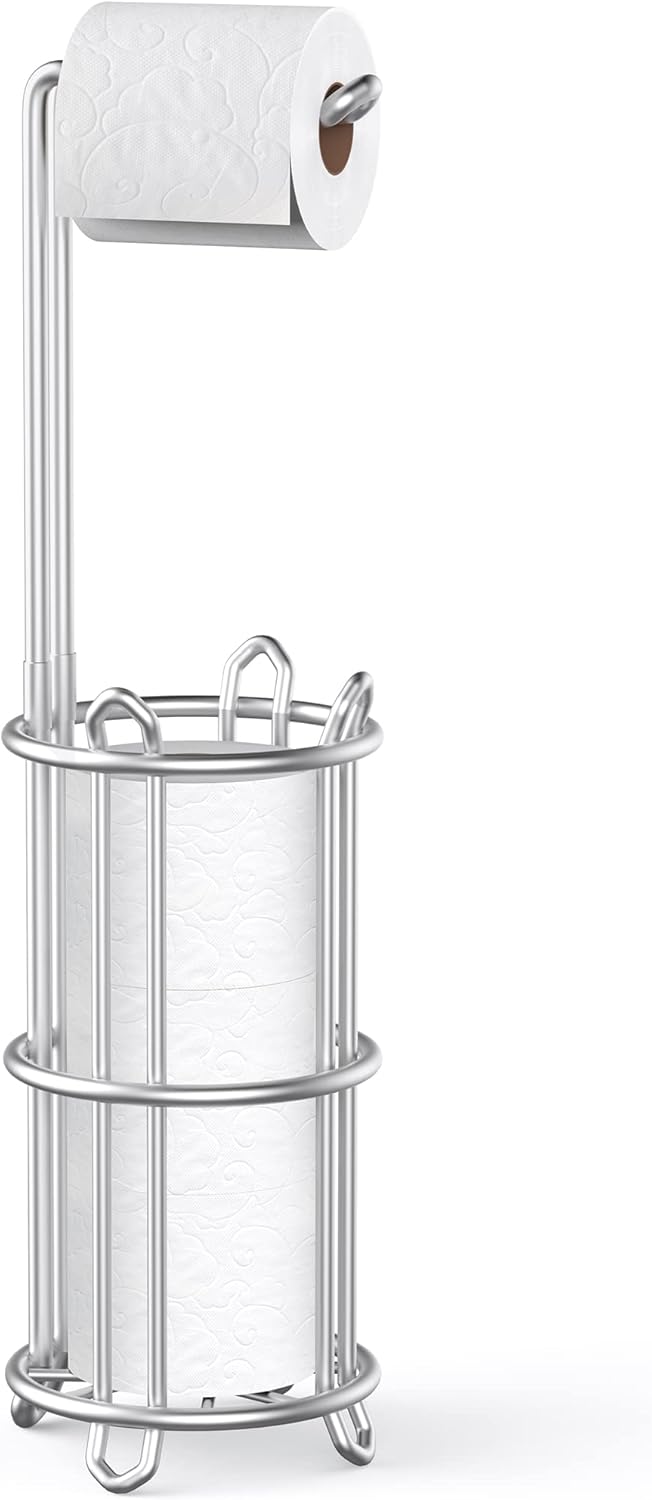 Meangood Toilet Paper Holder Stand - Free Standing Tissue Roll Dispenser for 4 Mega Rolls | Silver Metal Design