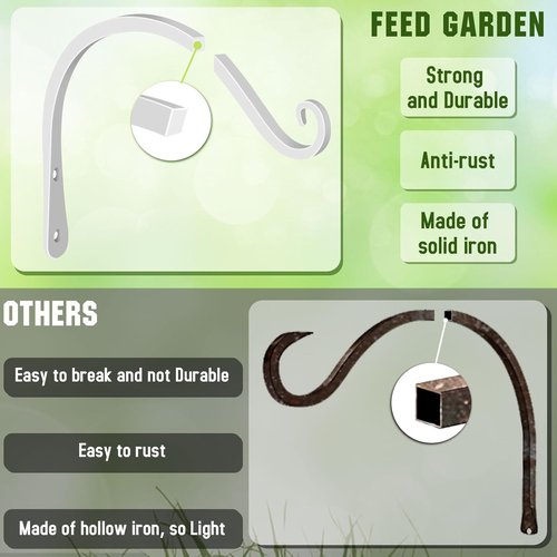 FEED GARDEN Heavy Duty Plant Hooks - 8 Inch Wall-Mounted Brackets | 44lb Capacity Steel Hangers in White