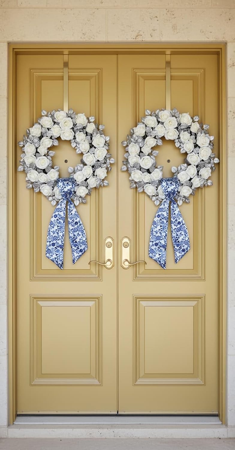 Skiennix Wreath Sash - Blue Floral Chinoiserie Decor | 55x5 Inch Ribbon for Indoor/Outdoor Use