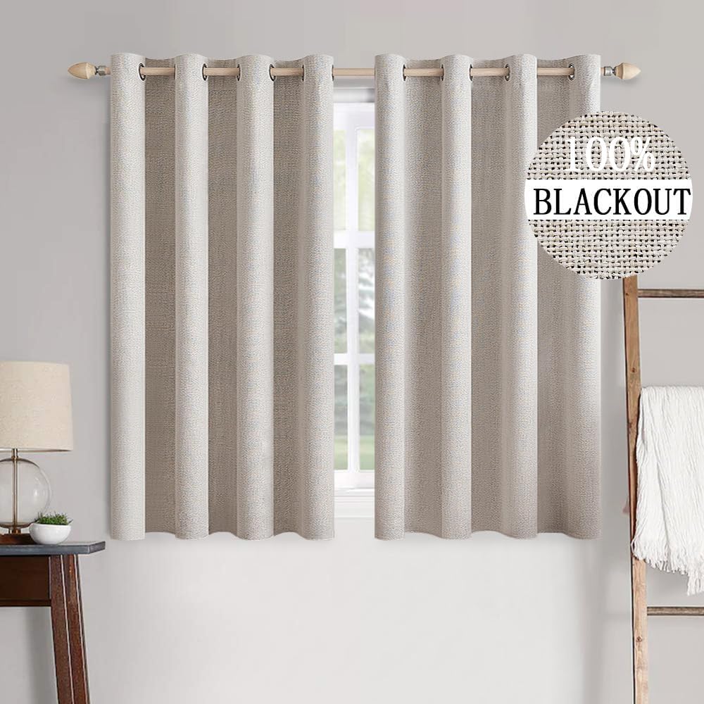 MIULEE 100% Blackout Linen Textured Curtains - Thermal Insulated Ivory Drapes | 52 x 63 Inch (2 Panels) for Luxury Bedroom Decor