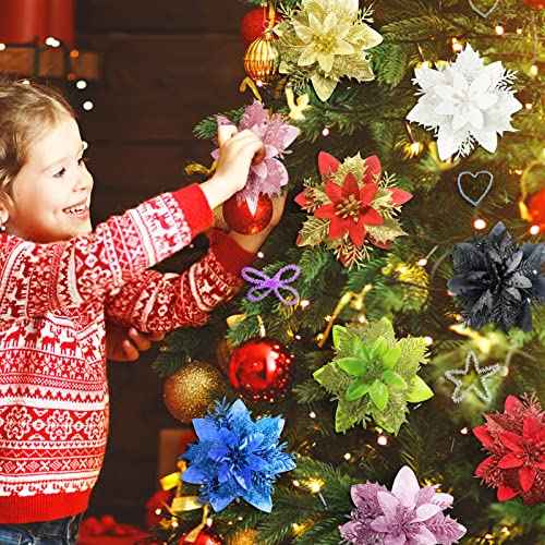 15 Pcs Christmas Flowers Artificial Poinsettia Flower Decorations with Clips and Stems, Glitter Christmas Poinsettia Decorations, Christmas Tree Ornaments for Party Wreath DIY£¨White£©