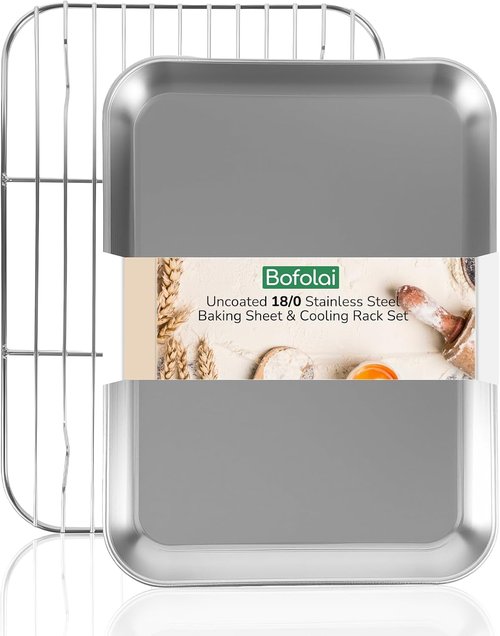 18/0 Stainless Steel Baking Sheet - Oven-Safe Non-Toxic Cookie Sheet with Cooling Rack | 12.4 Inch, Rust Resistant & Easy to Clean