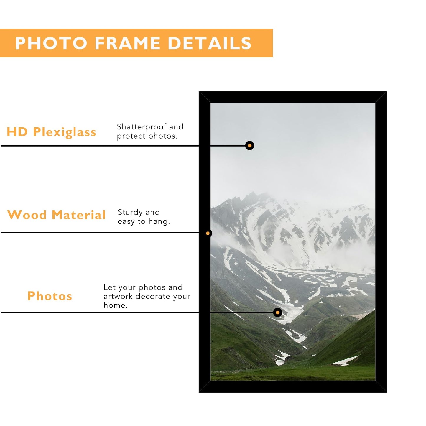 QOTIB 12x20 Picture Frame Black for Wall Mounting Set of 6, Horizontal and Vertical Formats for Wall Hanging, Wood 12x20 Frame, Black, 6 Pack