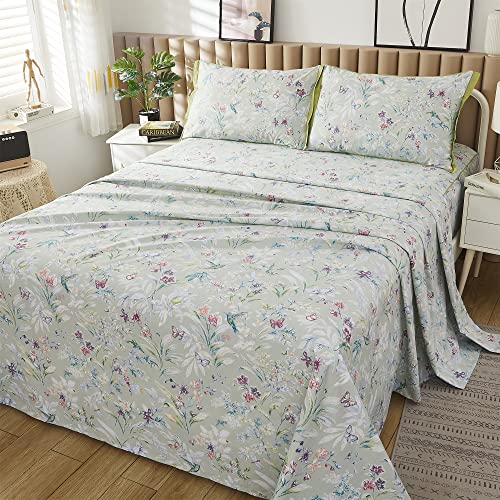 ABREEZE Full Butterfly Floral 4-Piece Egyptian Cotton Bedding Set with Pillowcases
