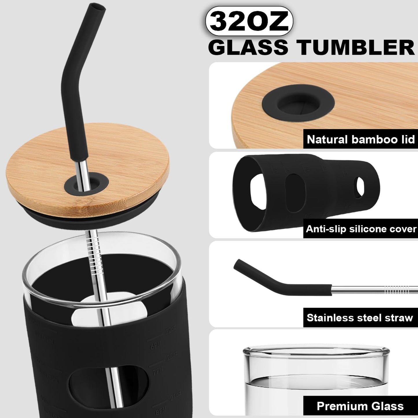 YULEER 32 oz Glass Water with Straws and Lids, 2 Pack Wide Mouth Smoothie Glass Cups with Silicone Protective Sleeve BPA FREE-Amber