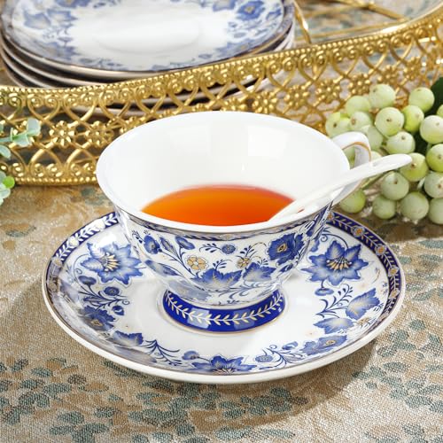 Fanquare Blue Vine Porcelain Tea Set for 6 with Teapot & Gold Rack, British Style