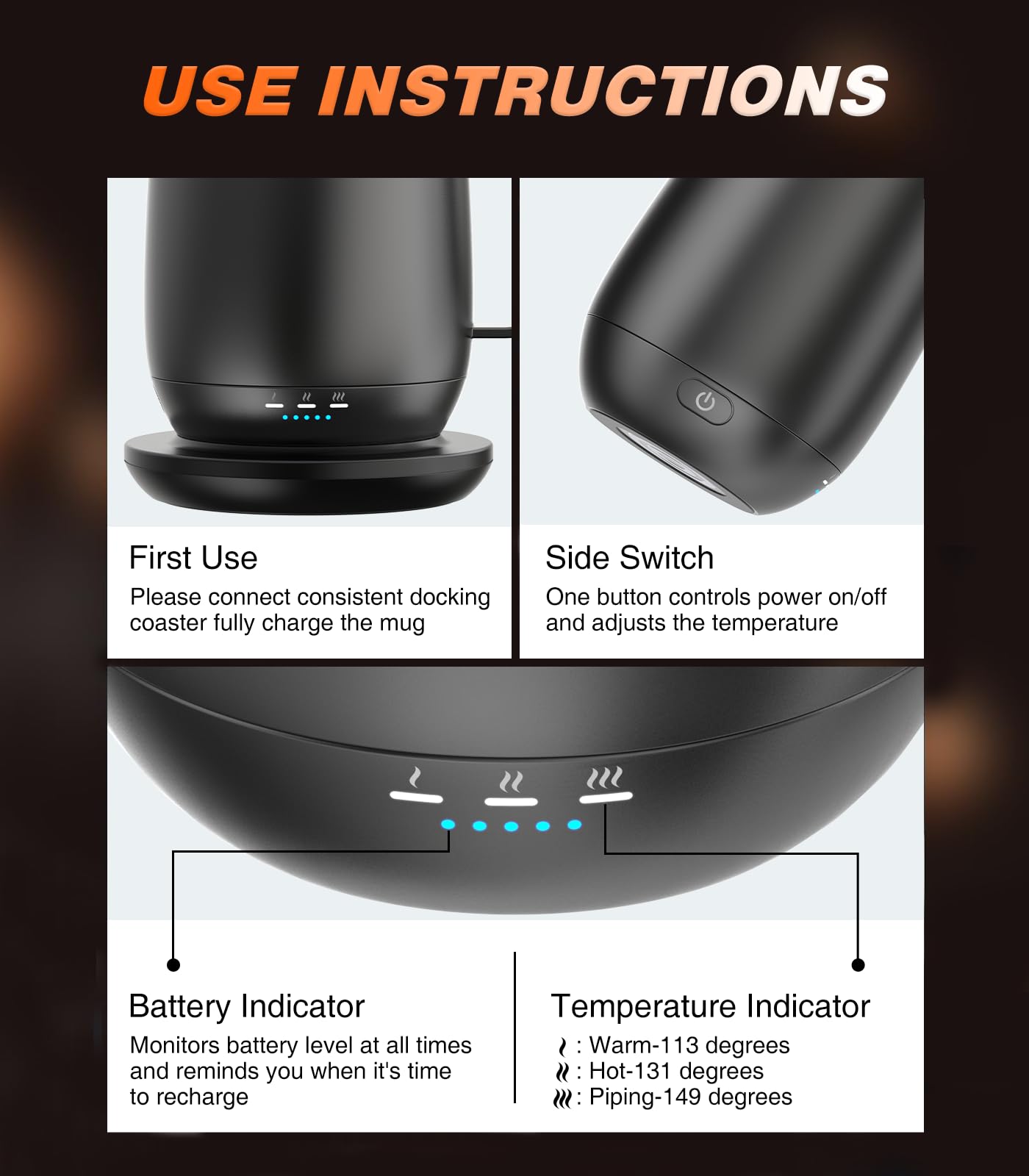 Kepwam Self Heating Coffee Mug T2, 16oz Smart Heated Coffee Mug, 150 Min Battery Life - Hot up to 149℉ Temperature Control Coffee Mug Warmer, Gifts for Dad Mom (No APP)