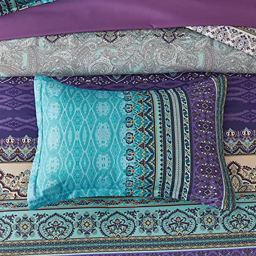 Cottolester Boho Comforter Set Queen Aqua 8-Piece Bed in a Bag - Floral & Stripe Bedding