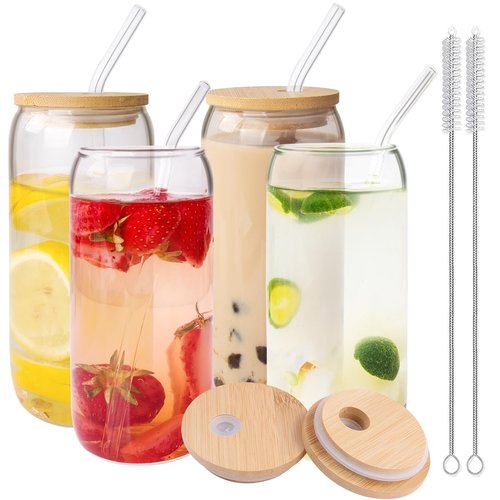BELICOO 4PCS Glass Cups with Lids and Straws, 17oz Drinking Glasses with Bamboo Lids and Glass Straw, Ice Coffee Cups Glasses Set for Beer, Cocktail, Tea, Coke, Juice, Soda