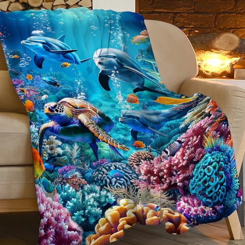 Ocean 50x60 Ocean Sea Turtle Dolphin Throw Blanket - Soft Fleece Plush for Couch Sofa Bed