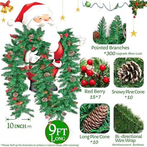 VHUWE 9 Ft Artificial Christmas Garland with Pine Cones & Red Berries - P+B