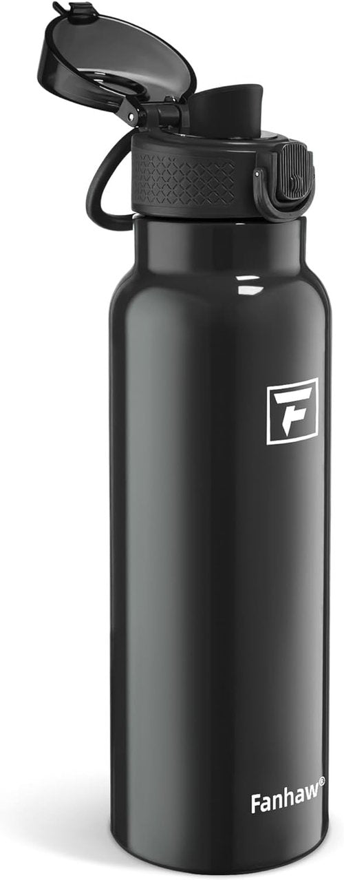 Fanhaw Daylite Series 24 oz Insulated Stainless Steel Water Bottle - Leakproof Design, Glossy Black