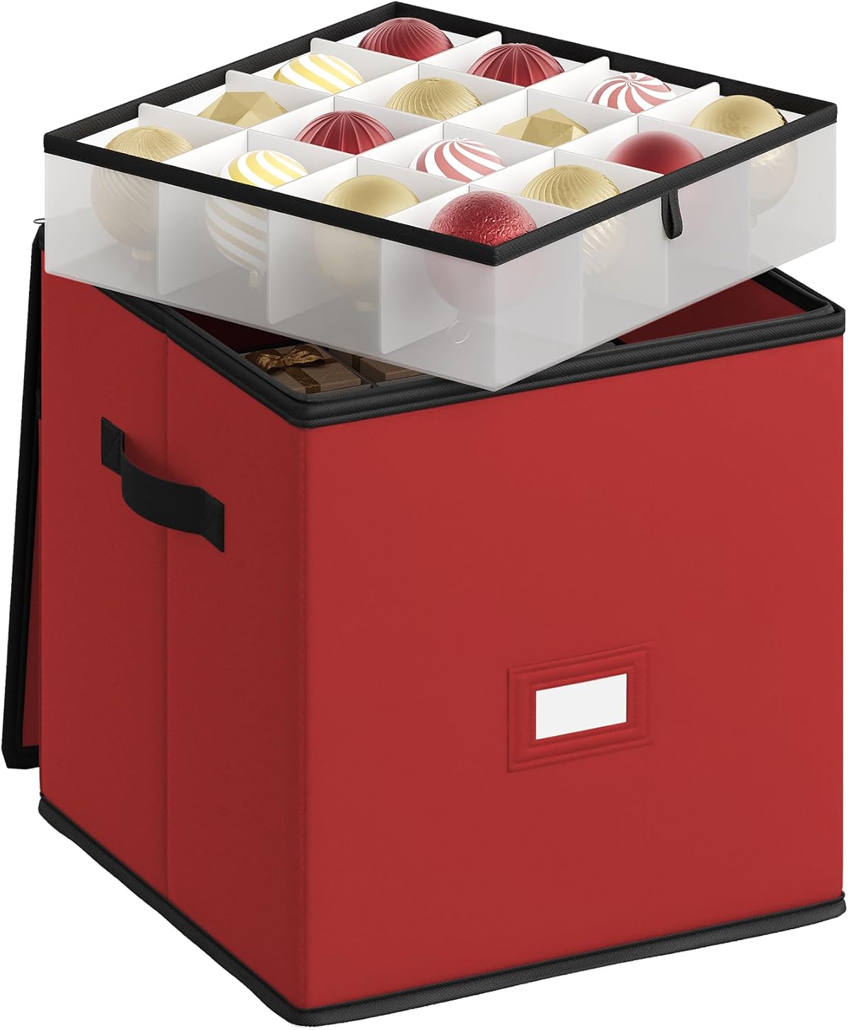SONGMICS Christmas Ornament Storage Box - Stackable Dual Zipper Container with 64 Slots | Cherry Red, 600D Oxford